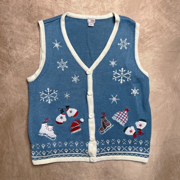 Holiday Editions Ice Skating Snowflake Embroidered Knit Sweater Vest Christmas - Picture 1 of 8